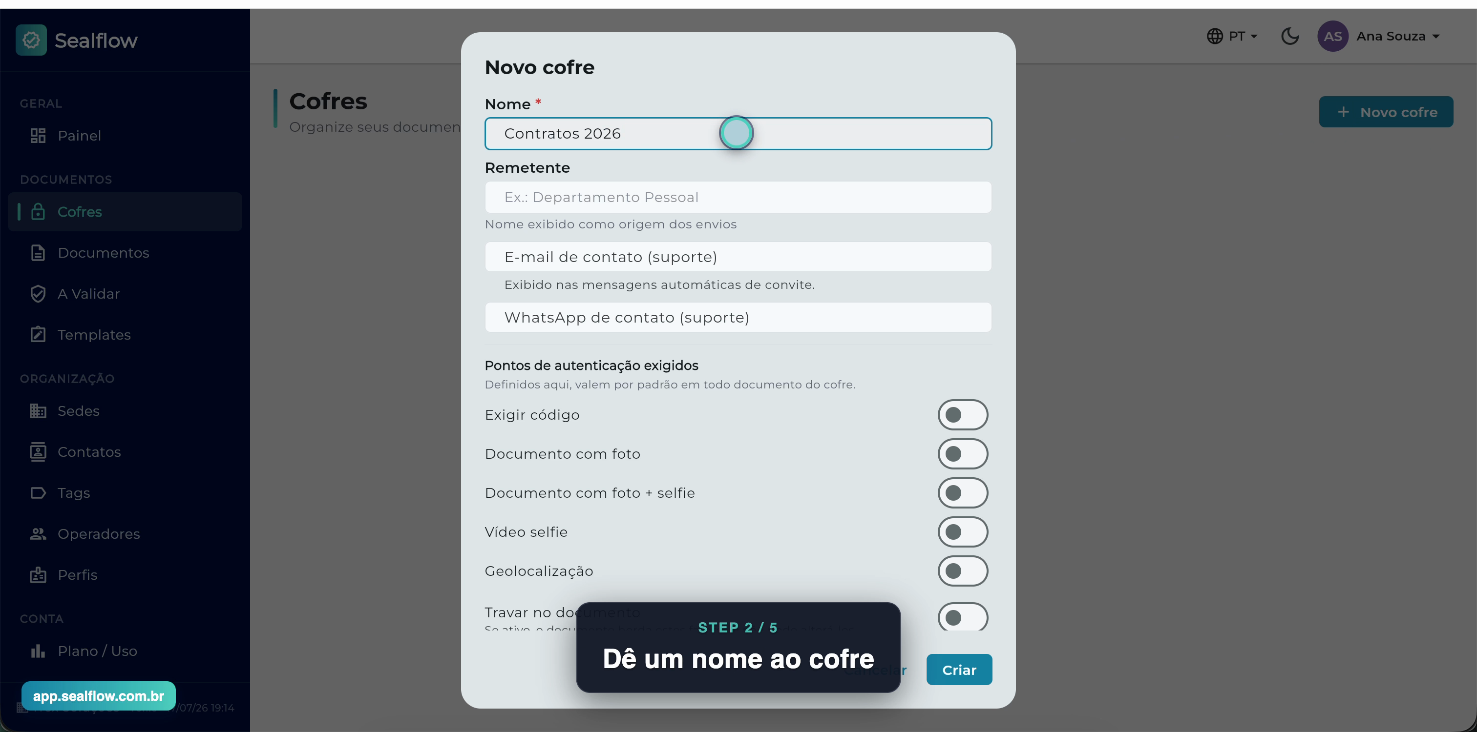 Formulário de novo cofre