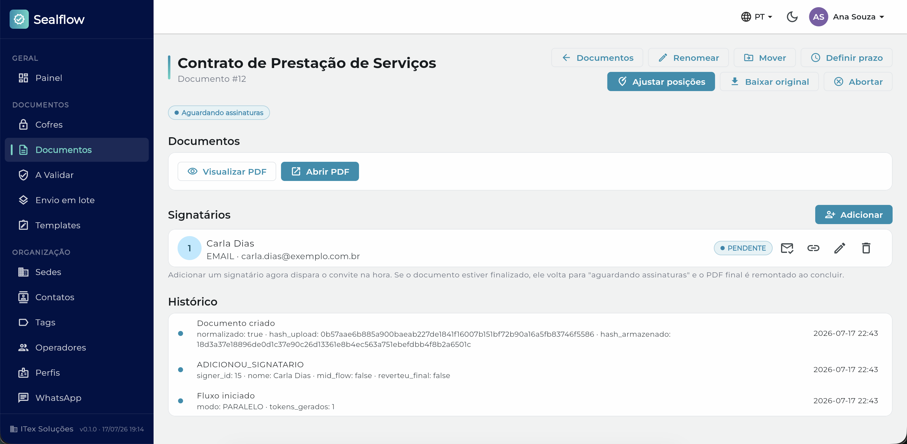 Detalhe do documento com histórico