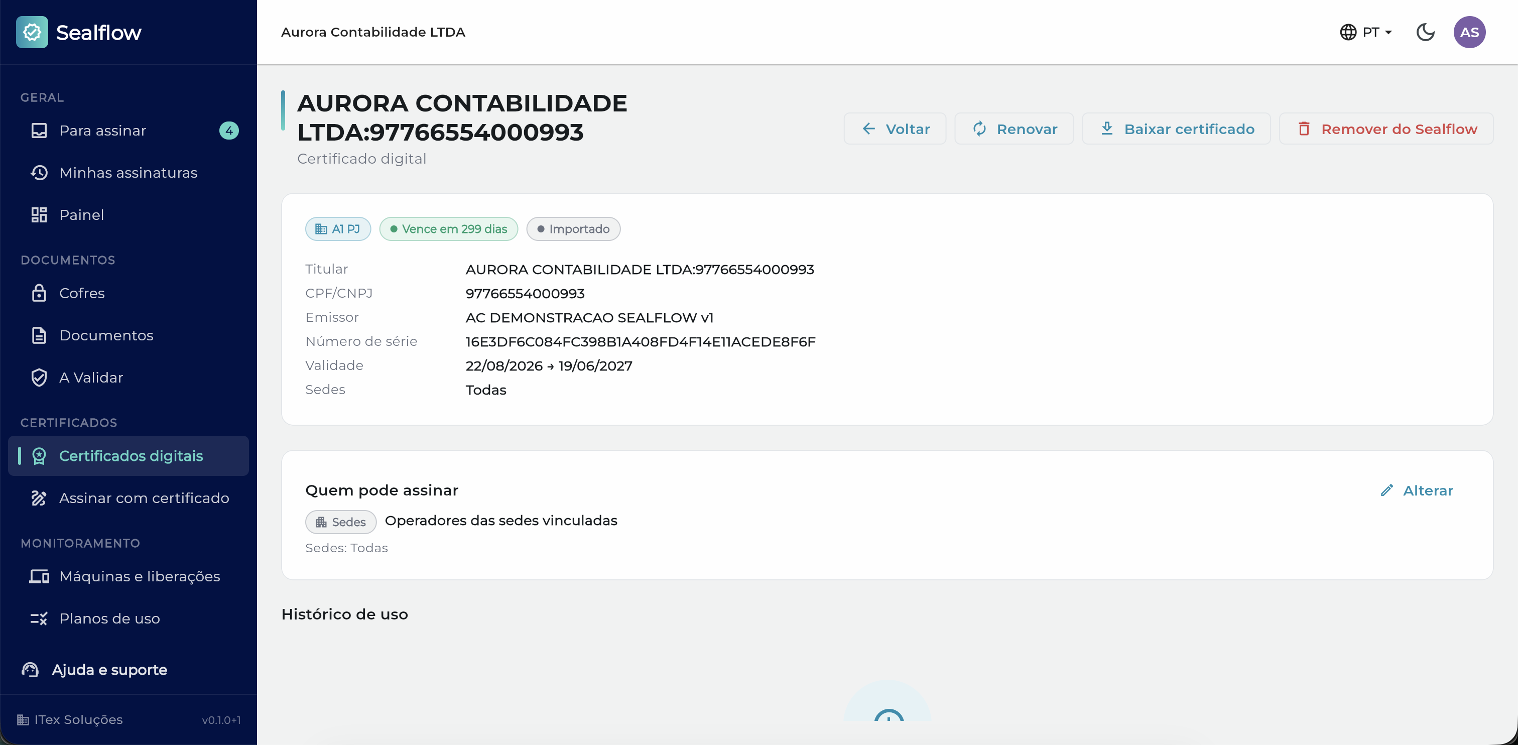 Escopo do certificado por sede