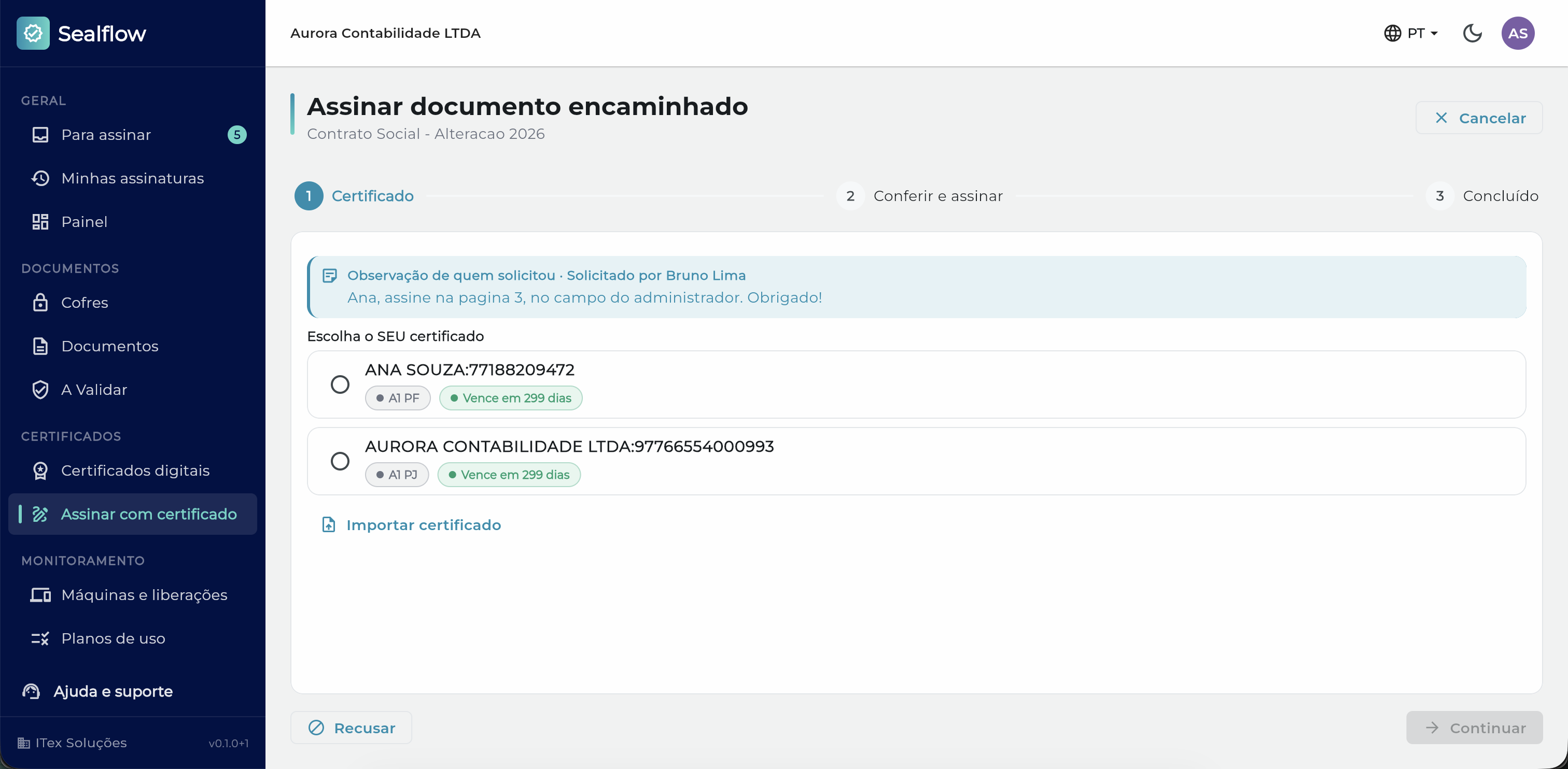 Encaminhar para outra pessoa assinar