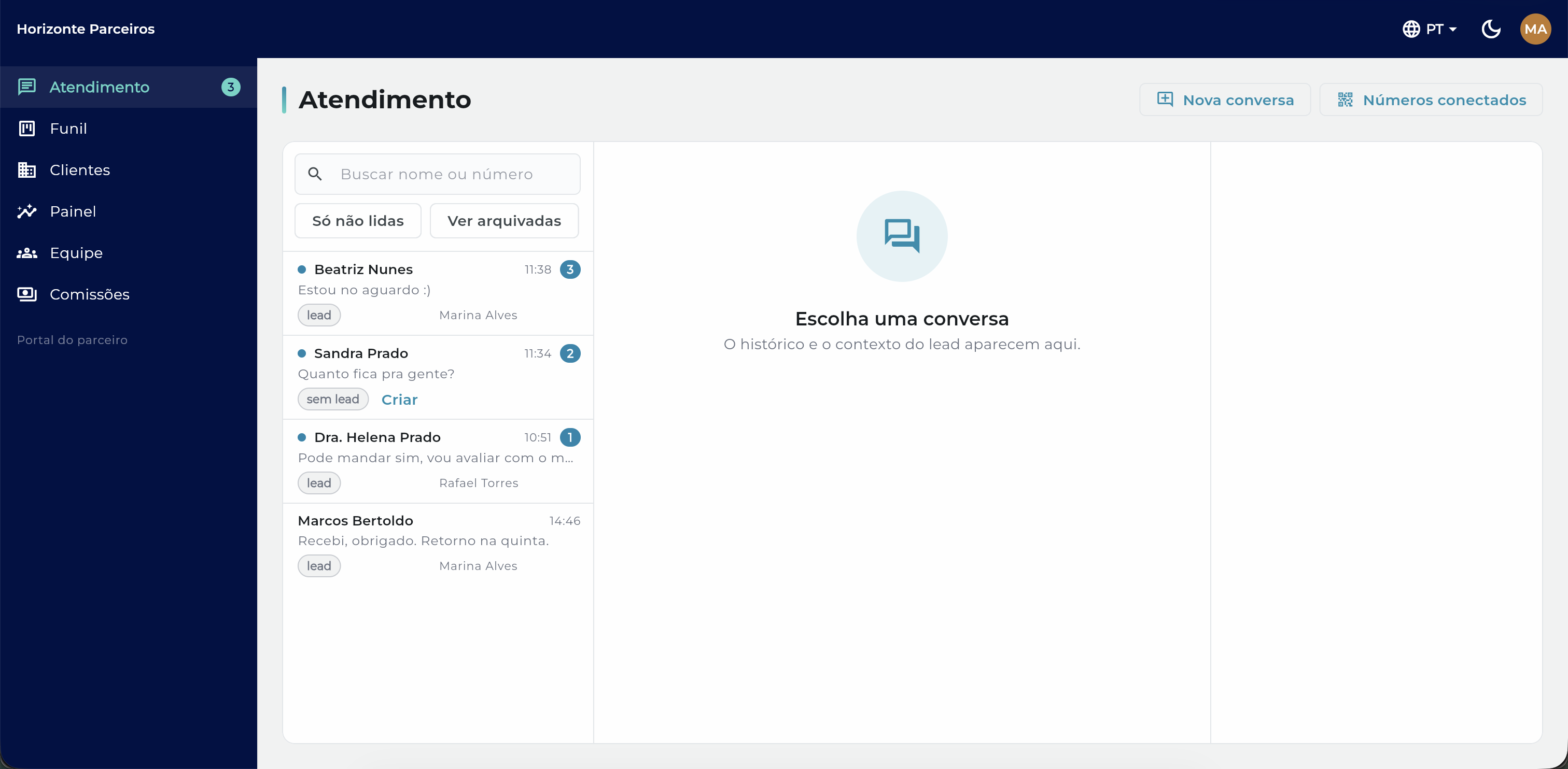 Caixa de atendimento com a lista de conversas