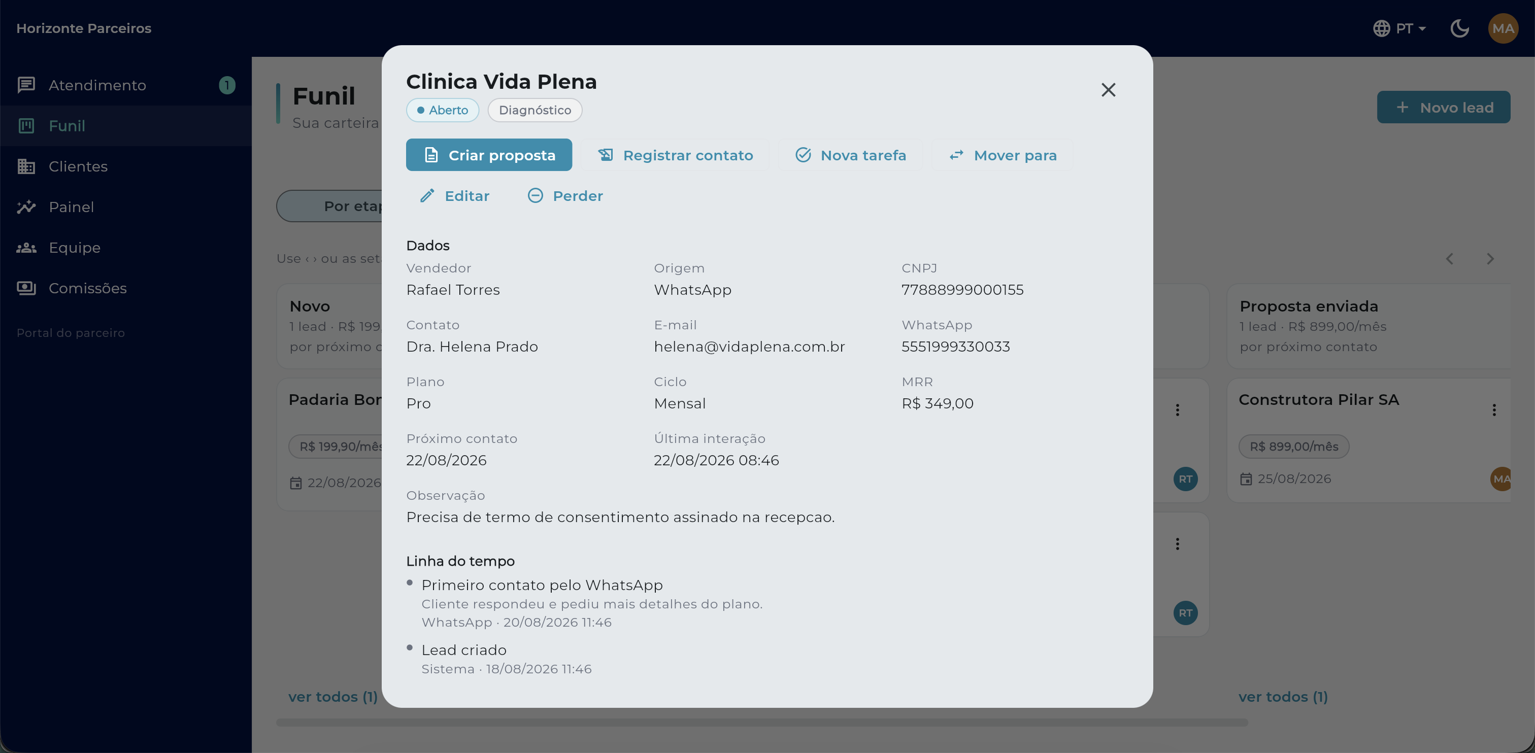 Gaveta do lead com dados e linha do tempo