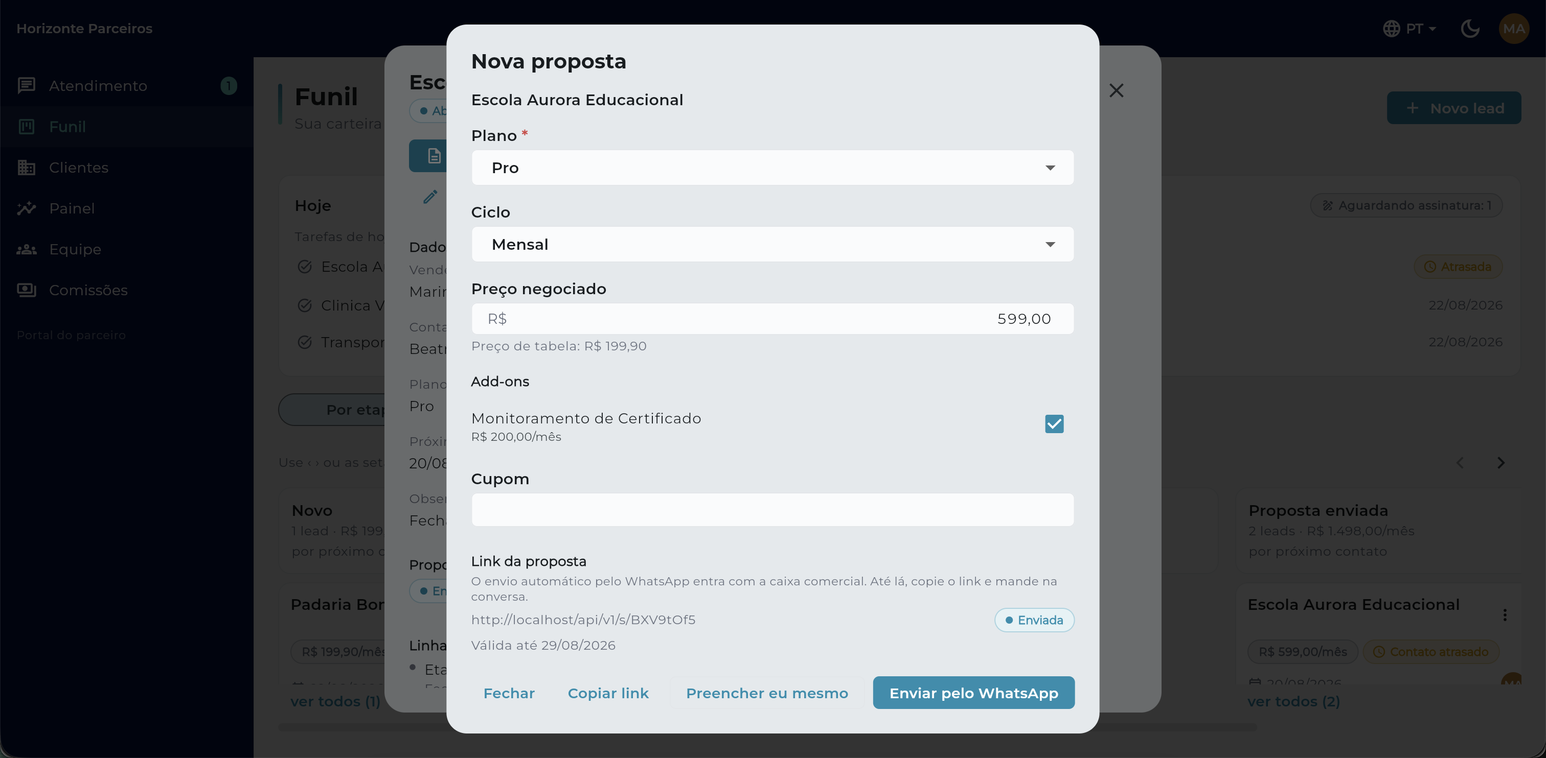 Proposta criada, com o link disponível