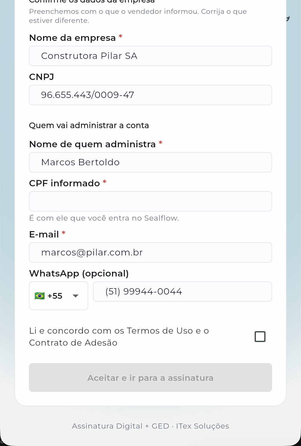Formulário de confirmação de dados