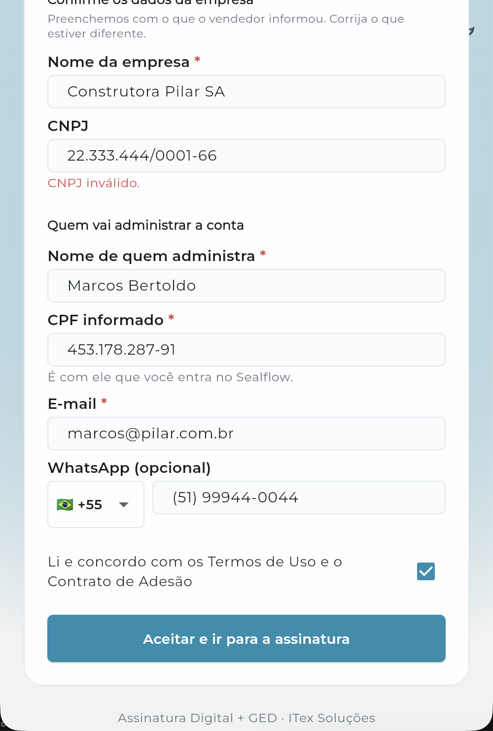 Erro de CNPJ inválido no campo