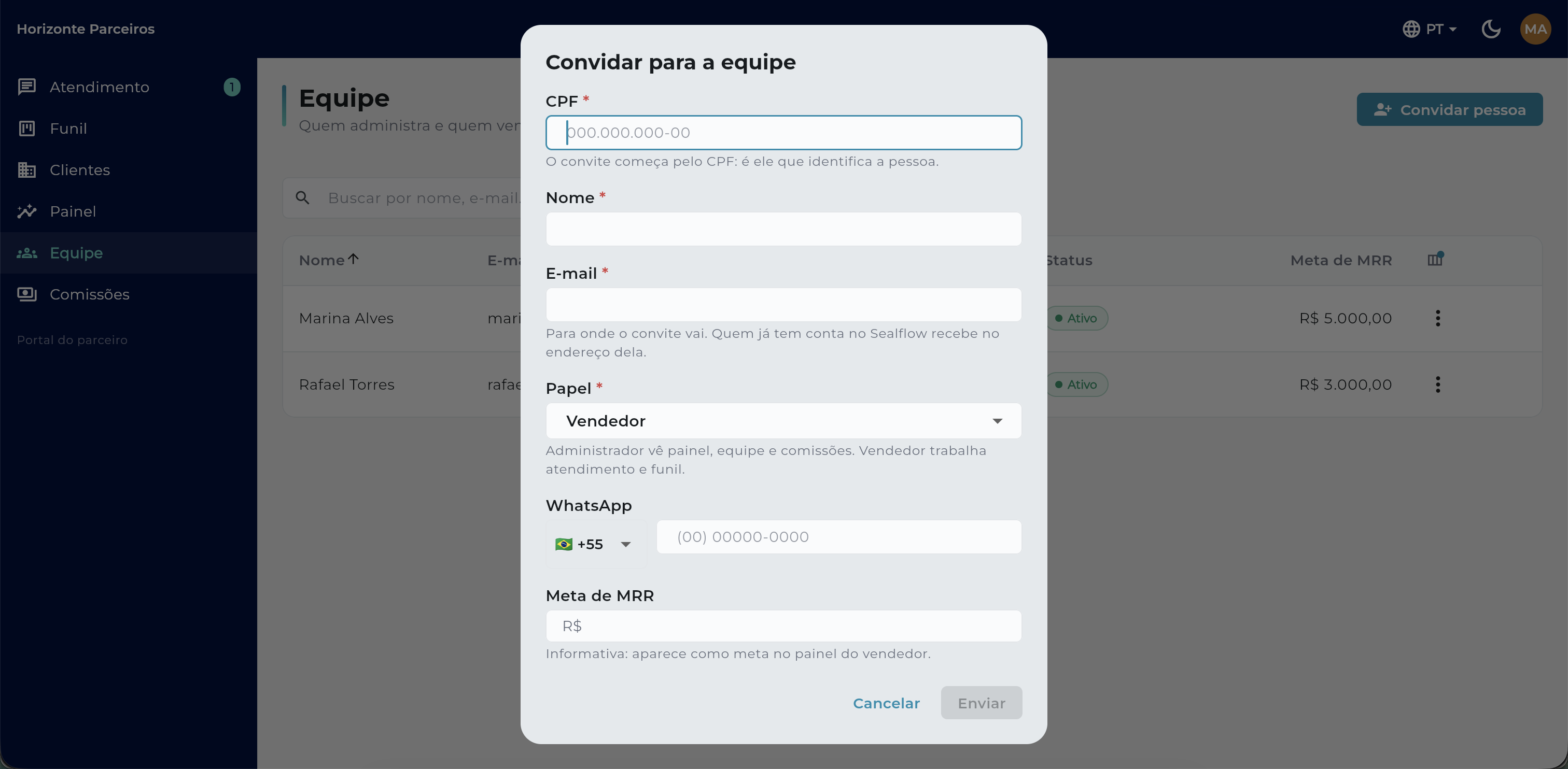 Diálogo de convite para a equipe